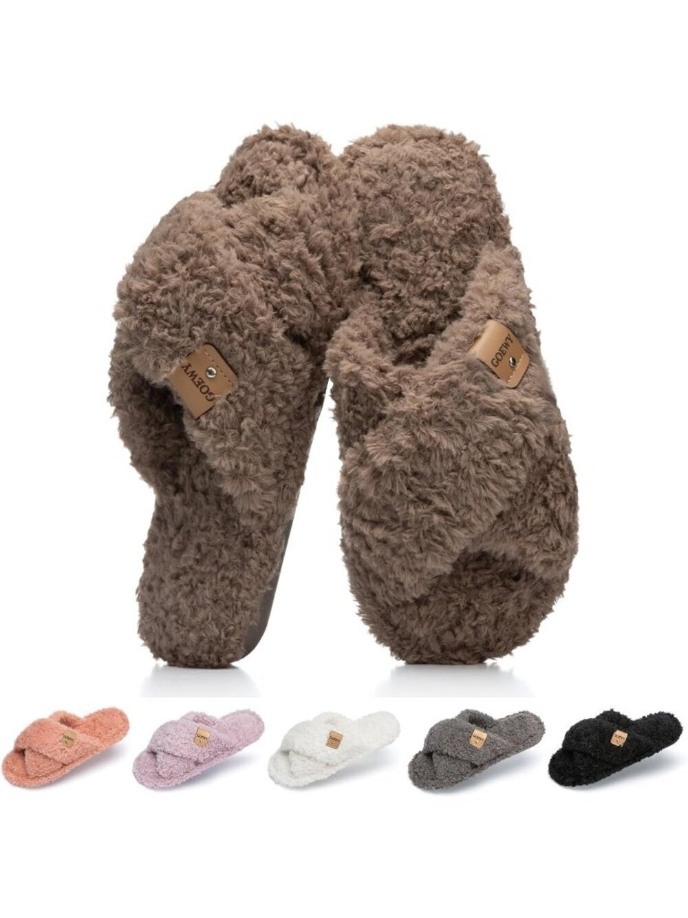 Women's Brown Cozy Cross Band Indoor and Outdoor Fuzzy Open Toe Slipper Shoes